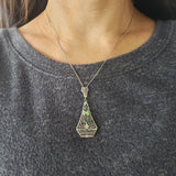 14k white gold Deco c.20's diamond filigree enamel BUTTERFLY necklace pendant