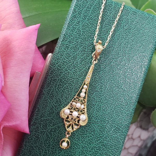 10k gold pearl & diamond filigree Deco necklace pendant lavaliere