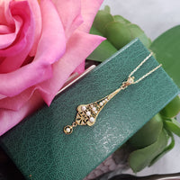 10k gold pearl & diamond filigree Deco necklace pendant lavaliere