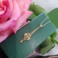 10k gold pearl & diamond filigree Deco necklace pendant lavaliere