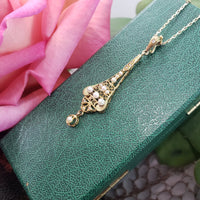 10k gold pearl & diamond filigree Deco necklace pendant lavaliere