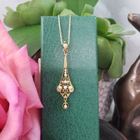 10k gold pearl & diamond filigree Deco necklace pendant lavaliere