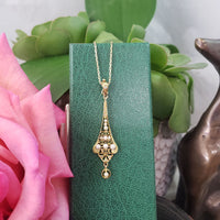 10k gold pearl & diamond filigree Deco necklace pendant lavaliere