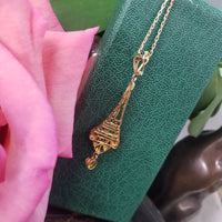 10k gold pearl & diamond filigree Deco necklace pendant lavaliere