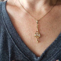 10k gold pearl & diamond filigree Deco necklace pendant lavaliere