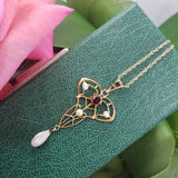 10k gold Victorian pearl & garnet necklace pendant lavaliere