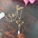 10k gold Victorian pearl & garnet necklace pendant lavaliere