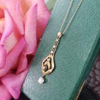 10k gold Victorian old mine cut diamond & pearl necklace pendant lavaliere