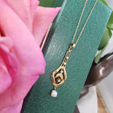 10k gold Victorian old mine cut diamond & pearl necklace pendant lavaliere