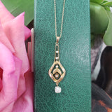 10k gold Victorian old mine cut diamond & pearl necklace pendant lavaliere