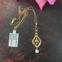 10k gold Victorian old mine cut diamond & pearl necklace pendant lavaliere
