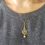 10k gold Victorian old mine cut diamond & pearl necklace pendant lavaliere