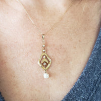 10k gold Victorian old mine cut diamond & pearl necklace pendant lavaliere