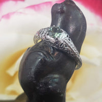 14k white gold green sapphire c.20s filigree Ring