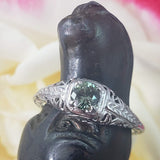 14k white gold green sapphire c.20s filigree Ring