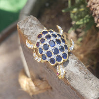 18k yellow gold movable TURTLE diamond, sapphire & ruby pendant necklace