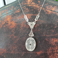 14k white gold Deco c.20's etched quartz crystal diamond pendant necklace