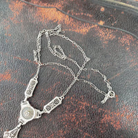 14k white gold Deco c.20's etched quartz crystal diamond pendant necklace