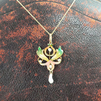 14k gold Nouveau Enamel & pearl lavaliere pendant necklace