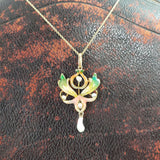 14k gold Nouveau Enamel & pearl lavaliere pendant necklace