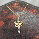 14k gold Nouveau Enamel & pearl lavaliere pendant necklace