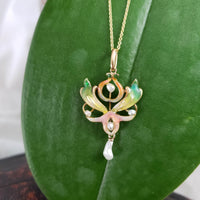 14k gold Nouveau Enamel & pearl lavaliere pendant necklace