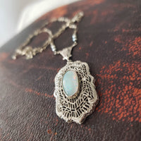14k white gold Deco c.20's opal filigree pendant necklace