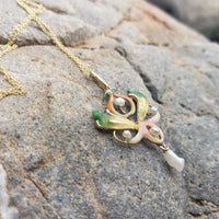 14k gold Nouveau Enamel & pearl lavaliere pendant necklace