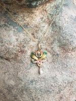 14k gold Nouveau Enamel & pearl lavaliere pendant necklace