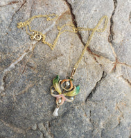 14k gold Nouveau Enamel & pearl lavaliere pendant necklace