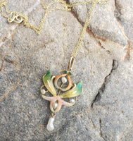 14k gold Nouveau Enamel & pearl lavaliere pendant necklace
