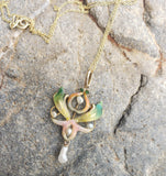 14k gold Nouveau Enamel & pearl lavaliere pendant necklace