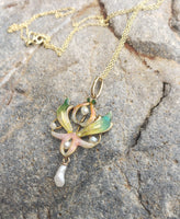 14k gold Nouveau Enamel & pearl lavaliere pendant necklace