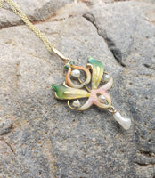14k gold Nouveau Enamel & pearl lavaliere pendant necklace