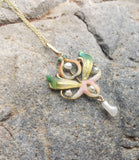 14k gold Nouveau Enamel & pearl lavaliere pendant necklace