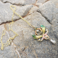 14k gold Nouveau Enamel & pearl lavaliere pendant necklace