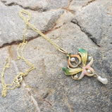 14k gold Nouveau Enamel & pearl lavaliere pendant necklace