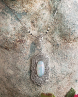 14k white gold Deco c.20's opal filigree pendant necklace