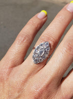 14k white gold mine cut diamond Deco c.20's navette glove shield Ring