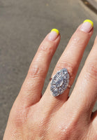 14k white gold mine cut diamond Deco c.20's navette glove shield Ring