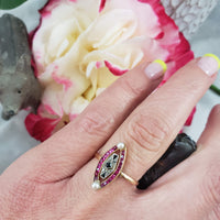 18k gold two tone ruby, sapphire, pearl & rose cut diamond navette ring - red white & blue
