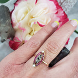 18k gold two tone ruby, sapphire, pearl & rose cut diamond navette ring - red white & blue