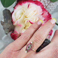 18k gold two tone ruby, sapphire, pearl & rose cut diamond navette ring - red white & blue