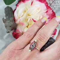 18k gold two tone ruby, sapphire, pearl & rose cut diamond navette ring - red white & blue