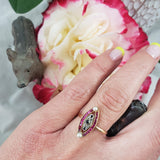18k gold two tone ruby, sapphire, pearl & rose cut diamond navette ring - red white & blue