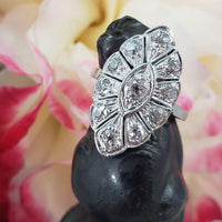 14k white gold mine cut diamond Deco c.20's navette glove shield Ring
