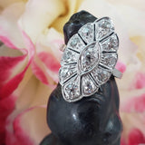 14k white gold mine cut diamond Deco c.20's navette glove shield Ring