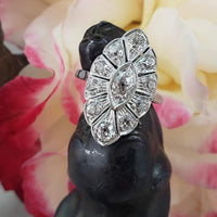 14k white gold mine cut diamond Deco c.20's navette glove shield Ring