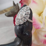 14k white gold mine cut diamond Deco c.20's navette glove shield Ring