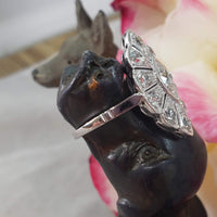 14k white gold mine cut diamond Deco c.20's navette glove shield Ring